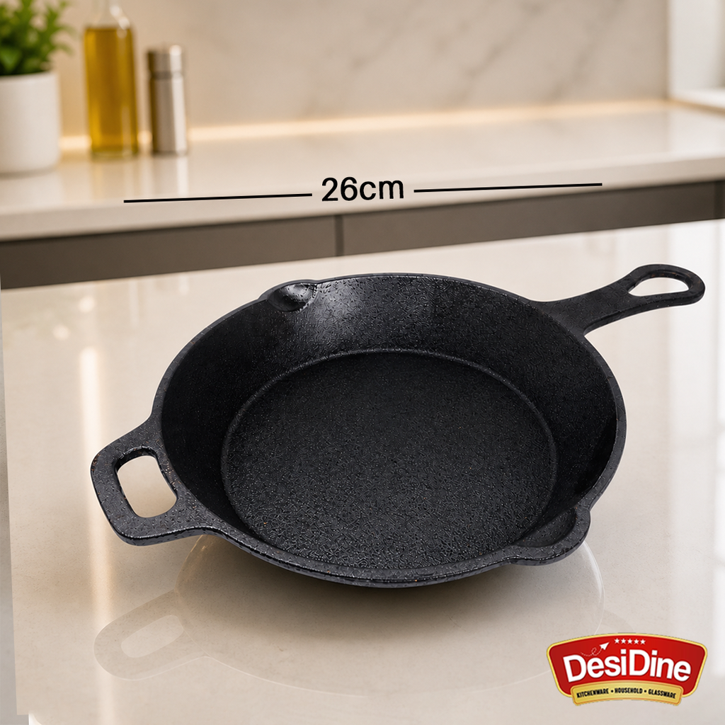 DesiDine Pre-Seasoned Cast Iron Frypan/Cast Iron Skillet, Gas and Induction Compatible 1.8 Litre, 26 cm