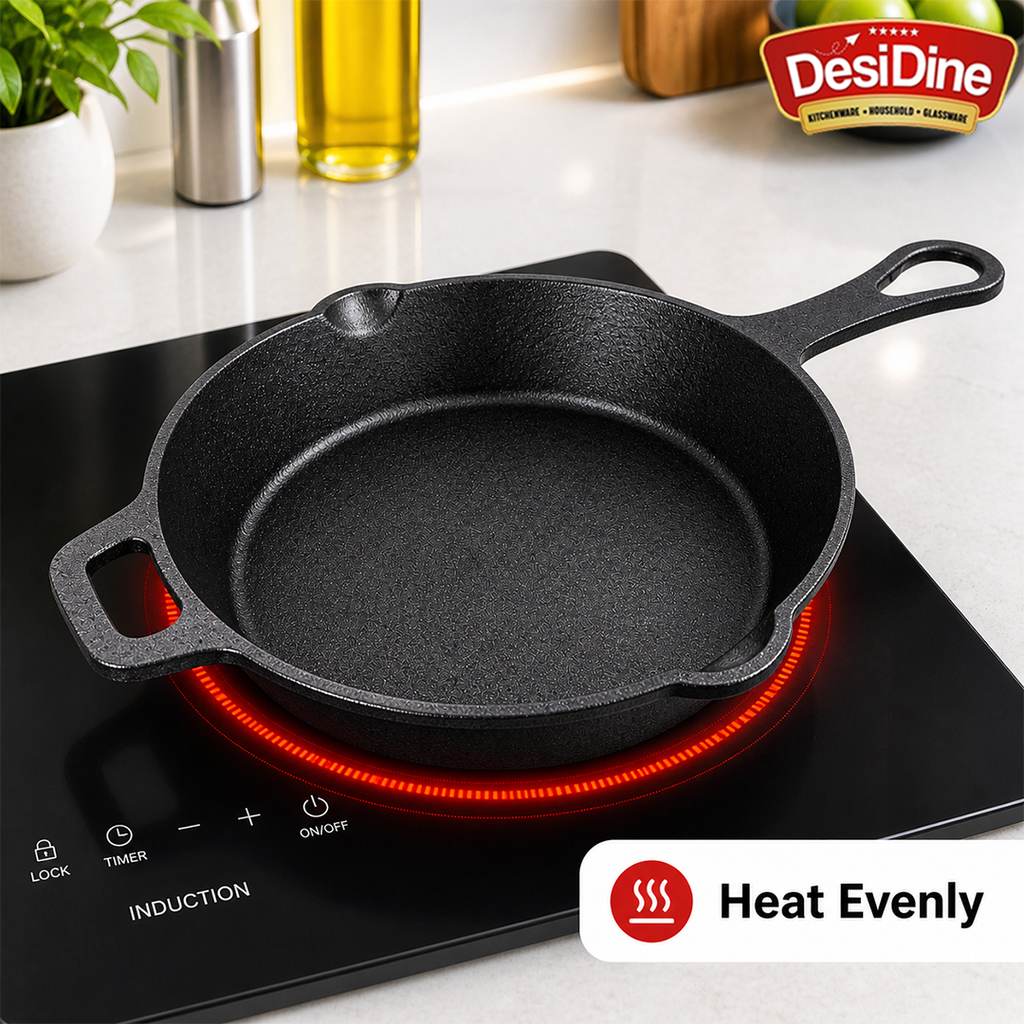 DesiDine Pre-Seasoned Cast Iron Frypan/Cast Iron Skillet, Gas and Induction Compatible 1.8 Litre, 26 cm