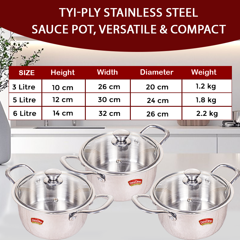 DesiDine Stainless Steel Triply Sauce Pot/ Biryani Pot With Glass lid