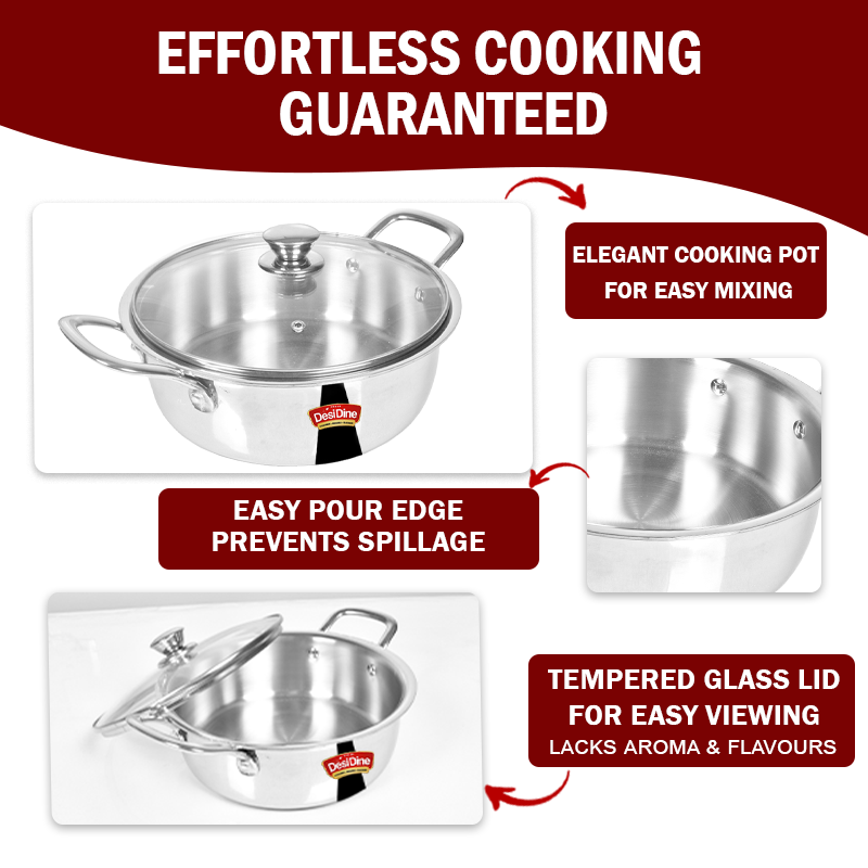 DesiDine Triply Stainless Steel Mini Sauce Pot/Mini Biryani Pot