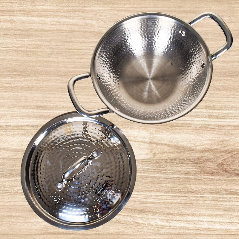 DesiDine Premium Quality Hammered Triply Steel Kadhai With Hammered Steel Lid