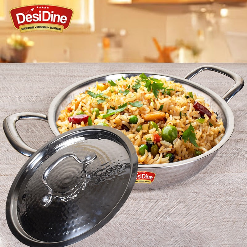 DesiDine Premium Quality Hammered Triply Steel Kadhai With Hammered Steel Lid