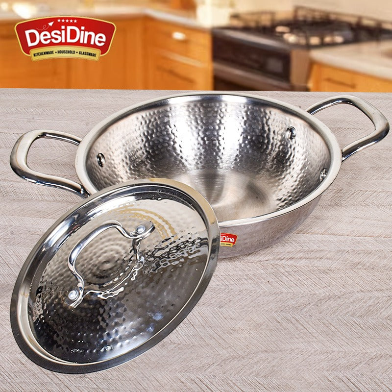DesiDine Premium Quality Hammered Triply Steel Kadhai With Hammered Steel Lid