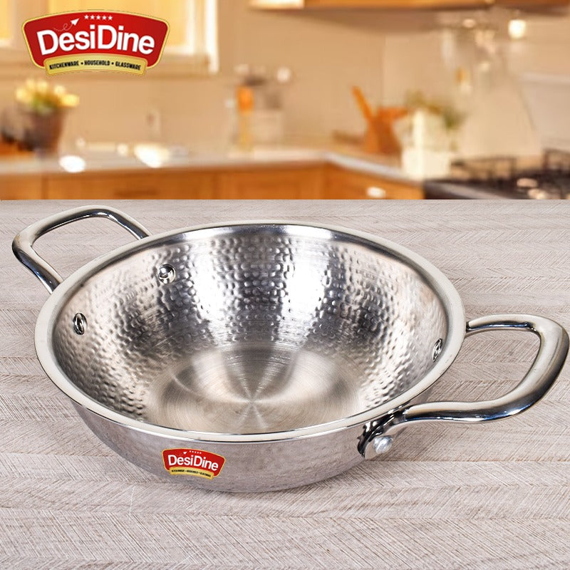 DesiDine Premium Quality Hammered Triply Steel Kadhai With Hammered Steel Lid