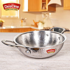 DesiDine Premium Quality Hammered Triply Steel Kadhai With Hammered Steel Lid