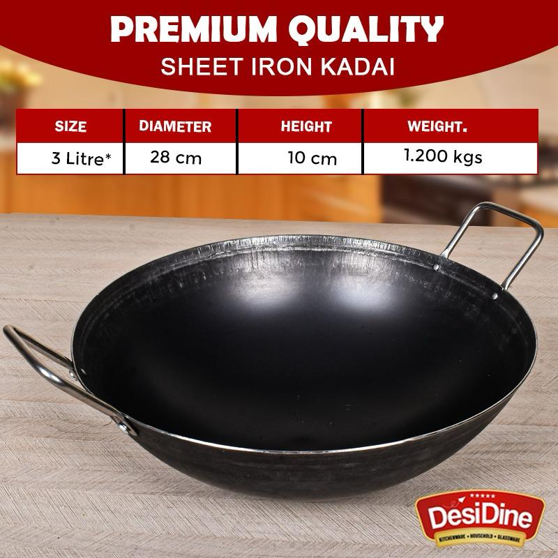 DesiDine 100% Pure Sheet Iron Deep Kadhai With SS Handle (28 cm, 3 Litre)
