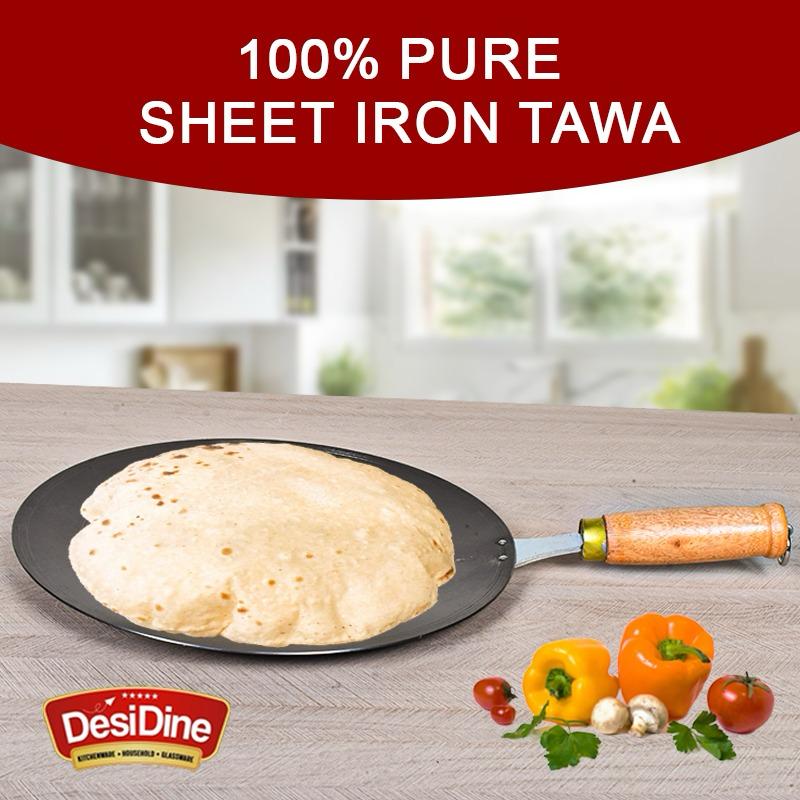 DesiDine Concave 100% Pure Sheet Iron Tava with Wooden Handle, 30 cm