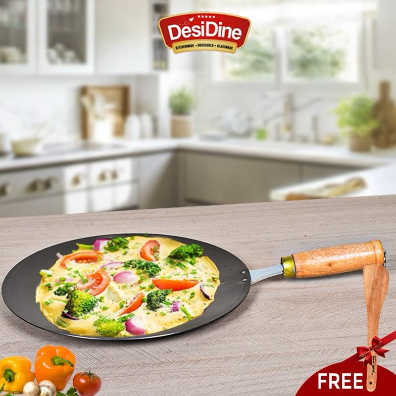 DesiDine Concave 100% Pure Sheet Iron Tava with Wooden Handle, 30 cm