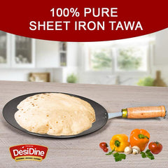 DesiDine Concave 100% Pure Sheet Iron Tava with Wooden Handle, 30 cm