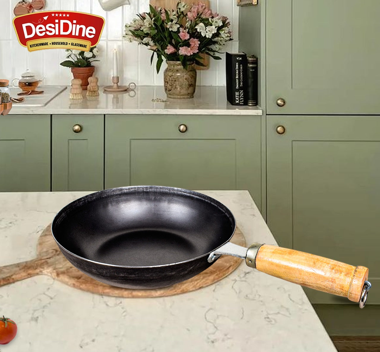 DesDine Pre-Seasoned Sheet Iron Frypan With Wooden Handle