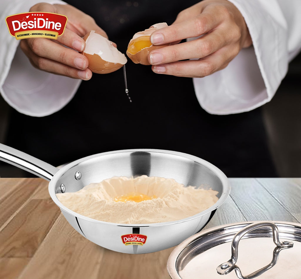 DesDine Triply Stainless Steel Wok with Steel Lid (24 cm)