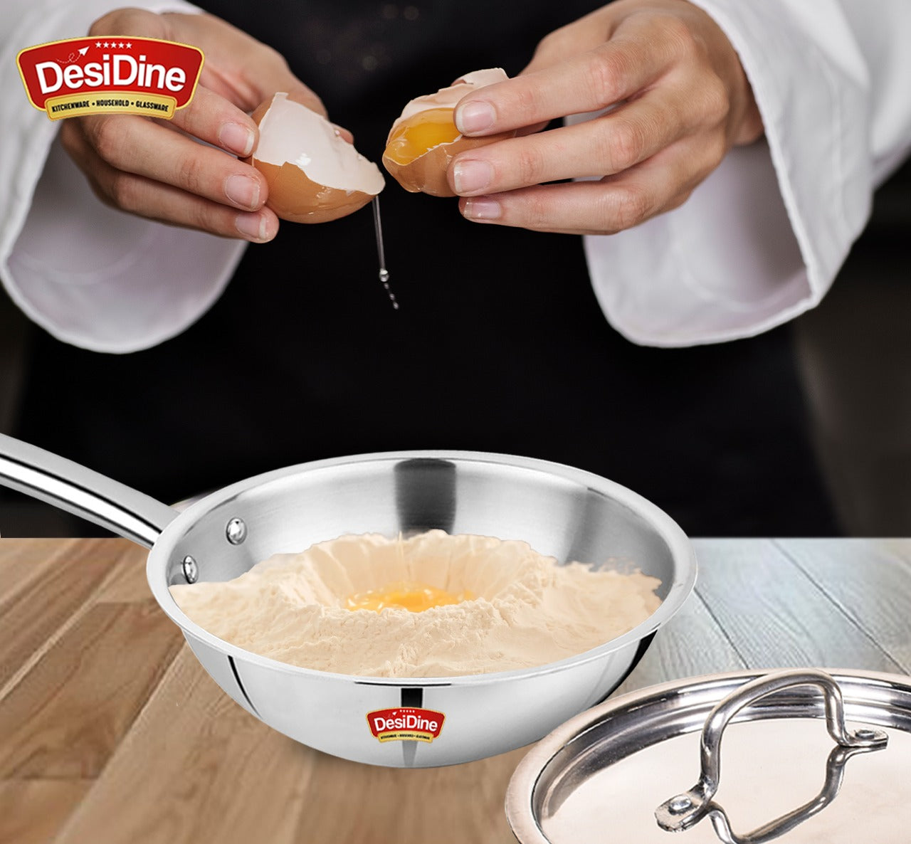 DesDine Triply Stainless Steel Wok with Steel Lid (24 cm)