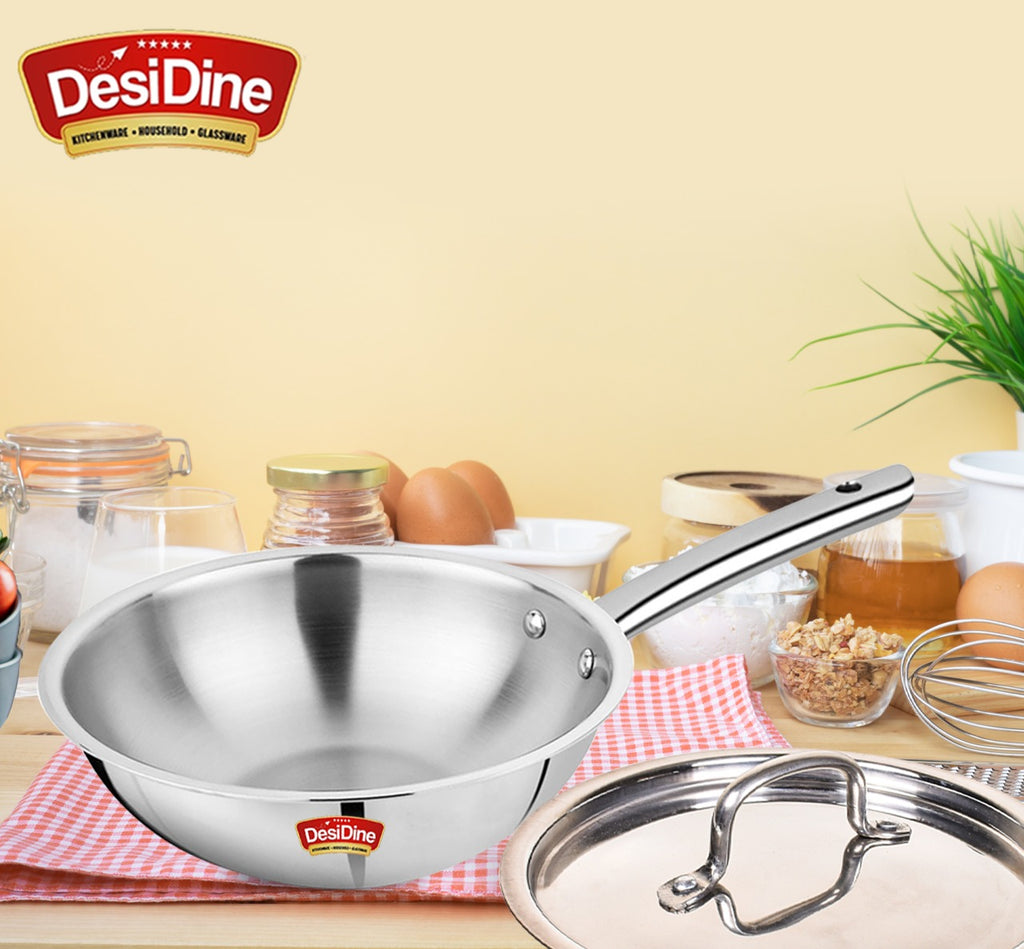 DesDine Triply Stainless Steel Wok with Steel Lid (24 cm)