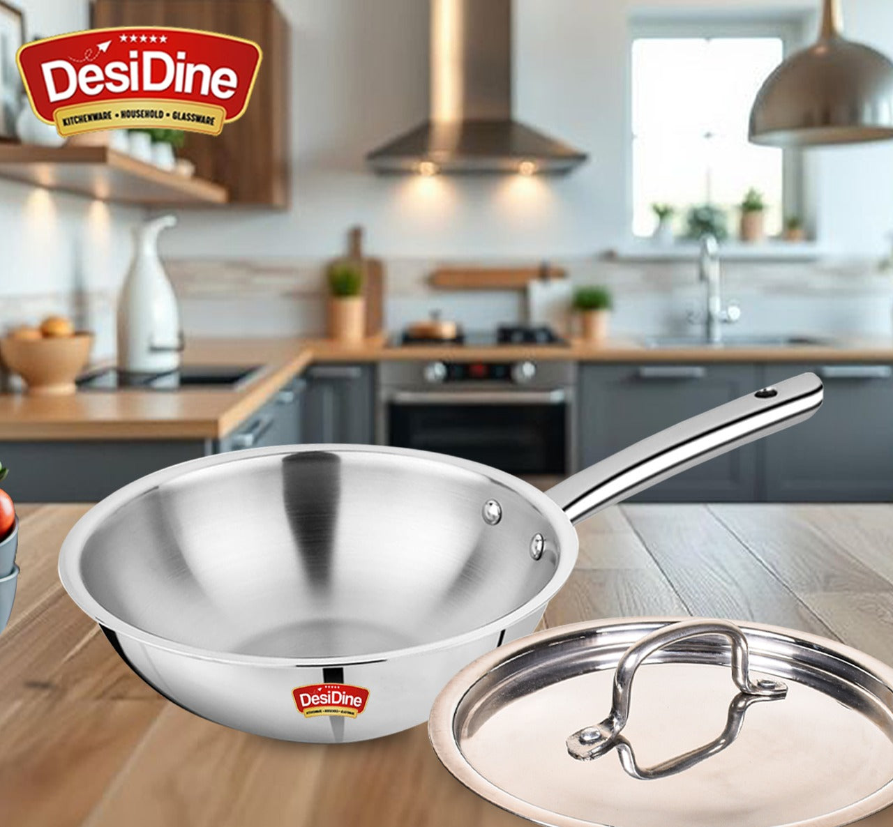 DesDine Triply Stainless Steel Wok with Steel Lid (24 cm)