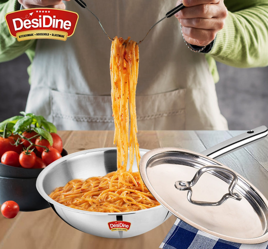 DesDine Triply Stainless Steel Wok with Steel Lid (24 cm)