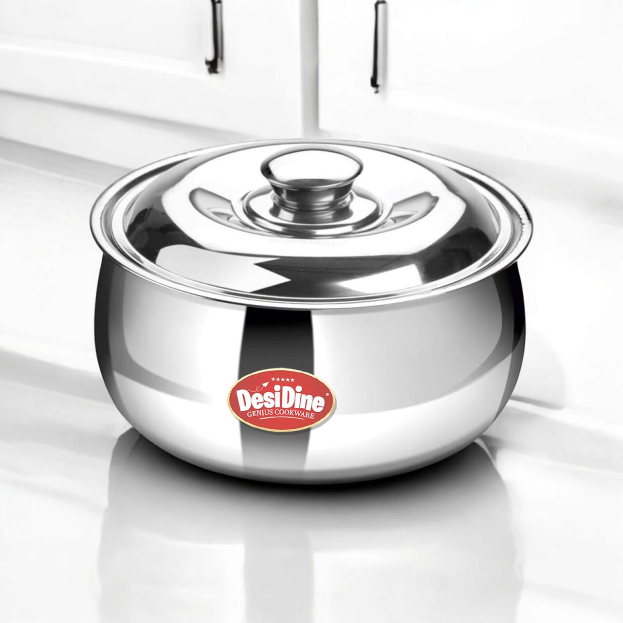 DesiDine Double Wall Stainless Steel Belly Shape Casserole, Insulated Thermal Serving Bowl