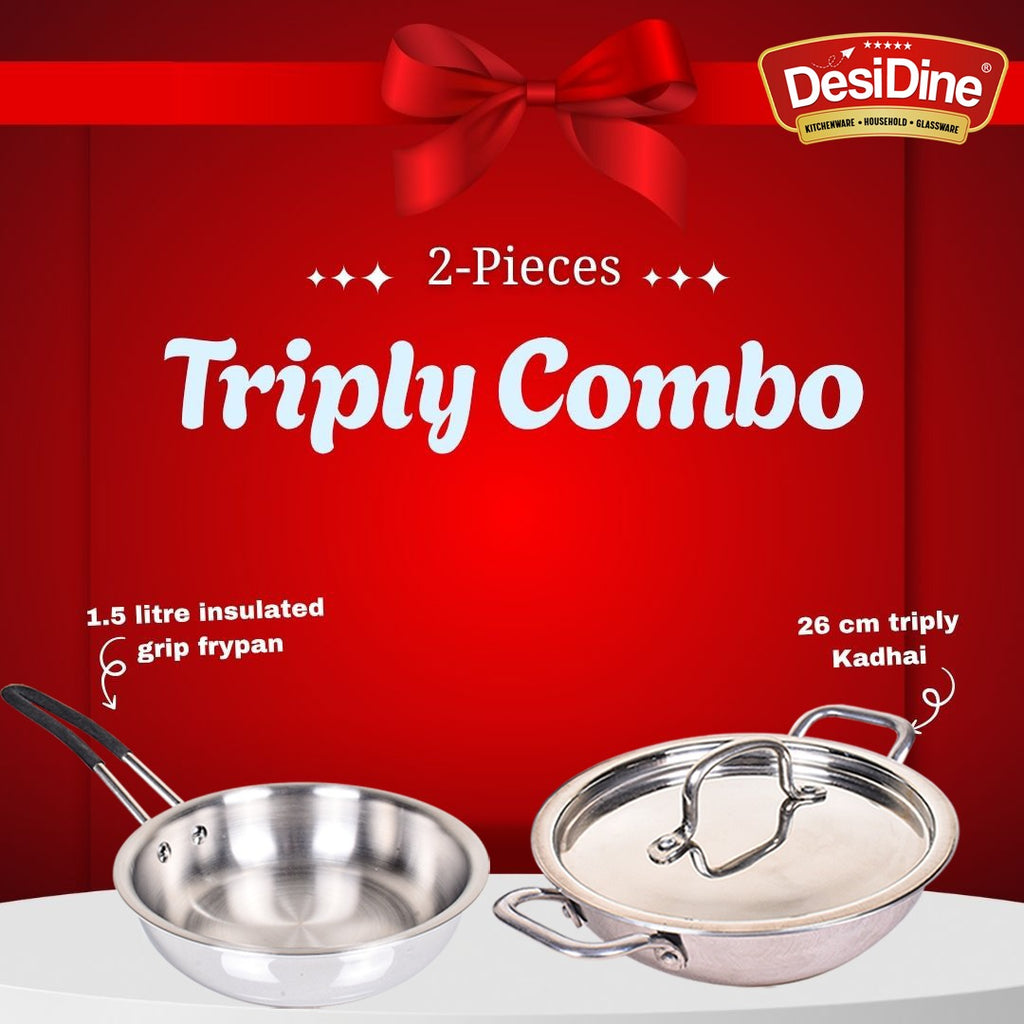 DesiDine 2 pcs Triply Combo (Triply 1.5 Ltr Insulated Cool Grip Frypan+26 cm Triply Kadhai)