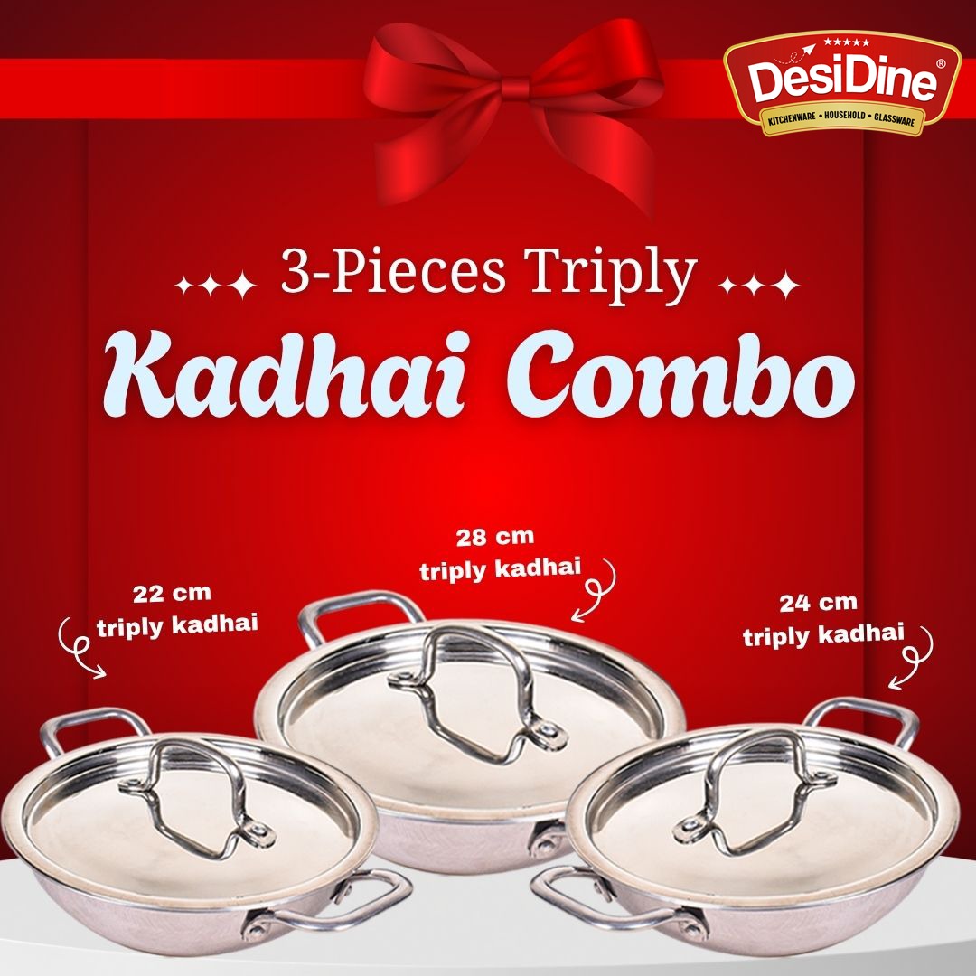 DesiDine Triply Stainless Steel 3 pcs Kadhai Combo (22 cm, 24 cm, 28 cm)