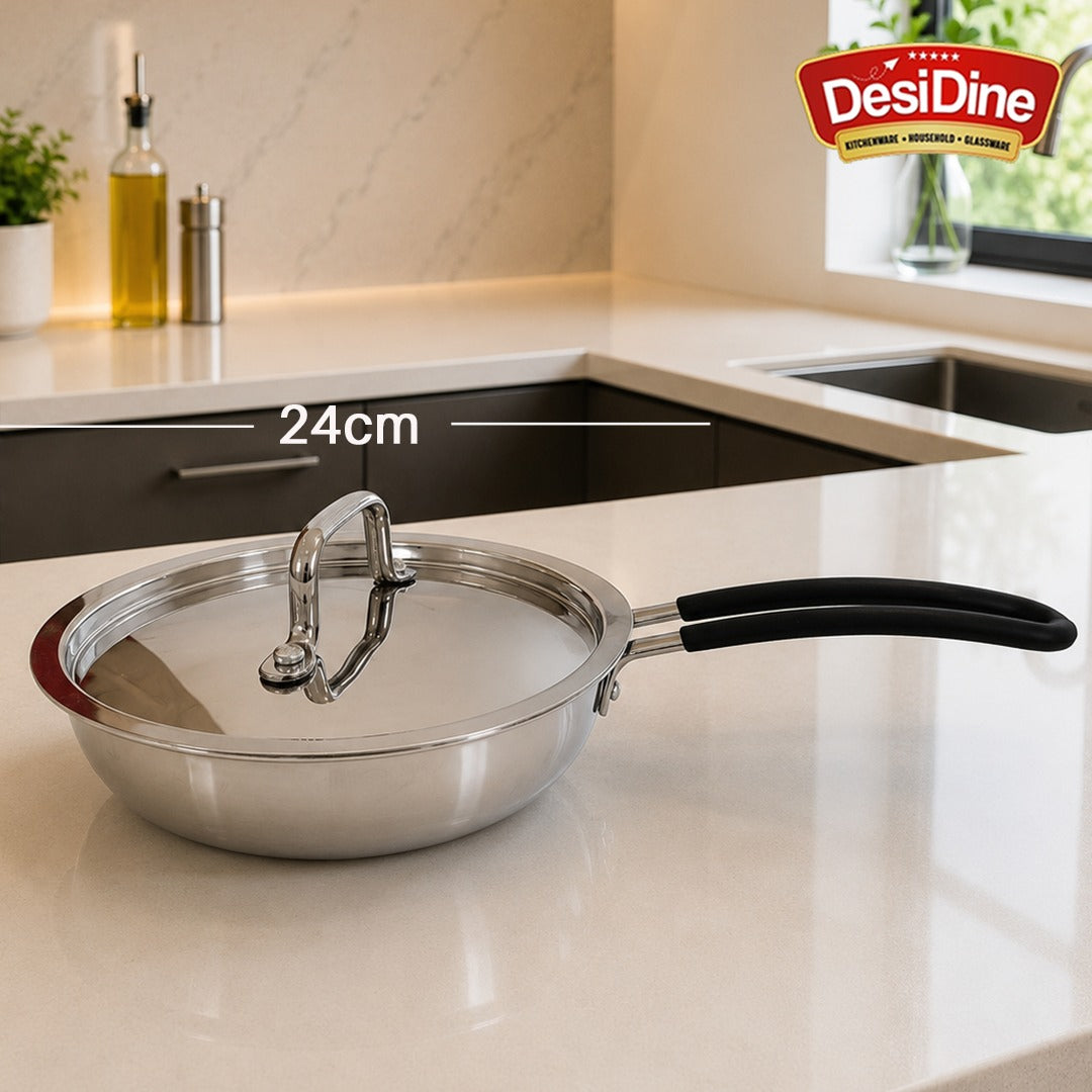 DesiDine Triply Stainless Steel Insulated Cool Grip Frypan With Steel Lid