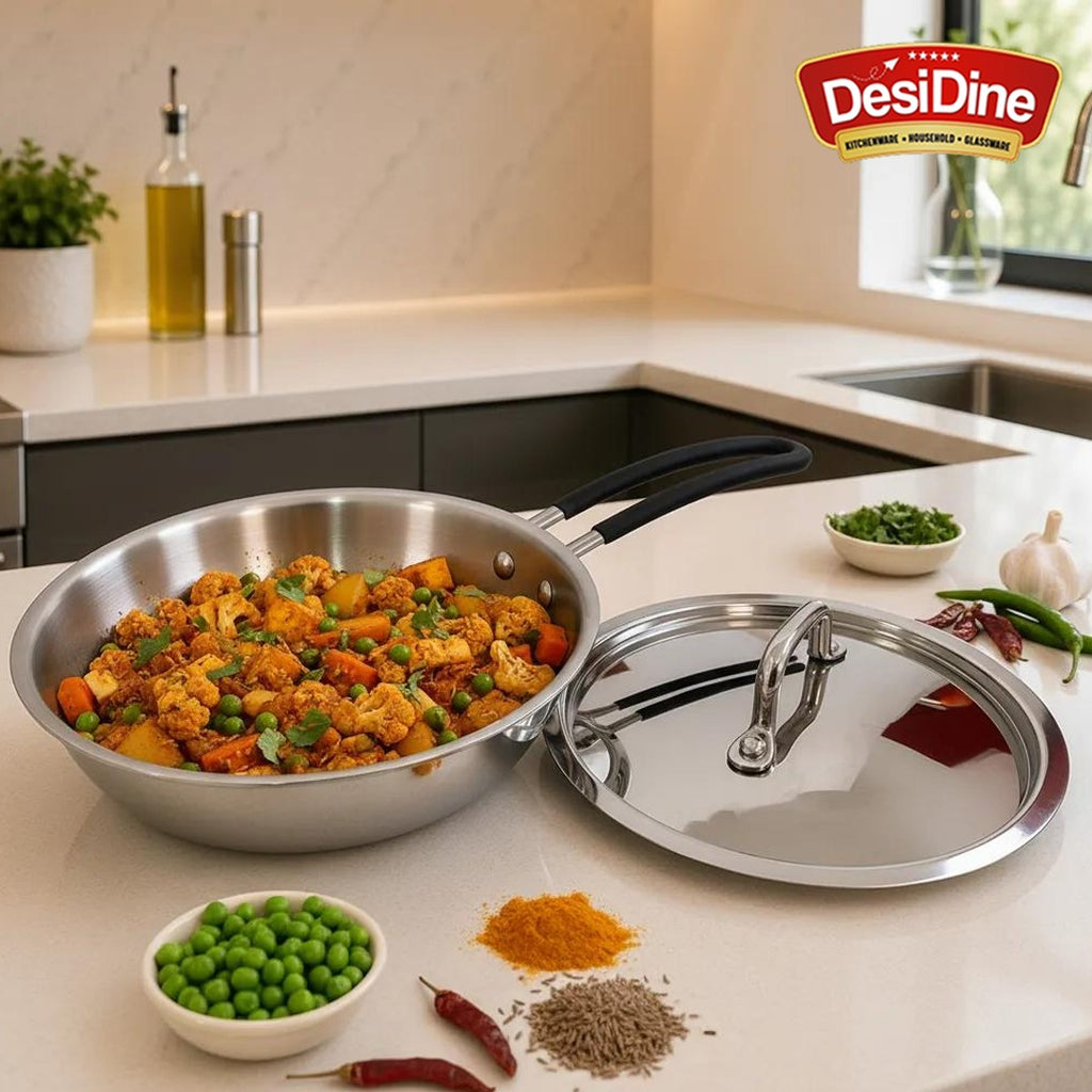 DesiDine Triply Stainless Steel Insulated Cool Grip Frypan With Steel Lid