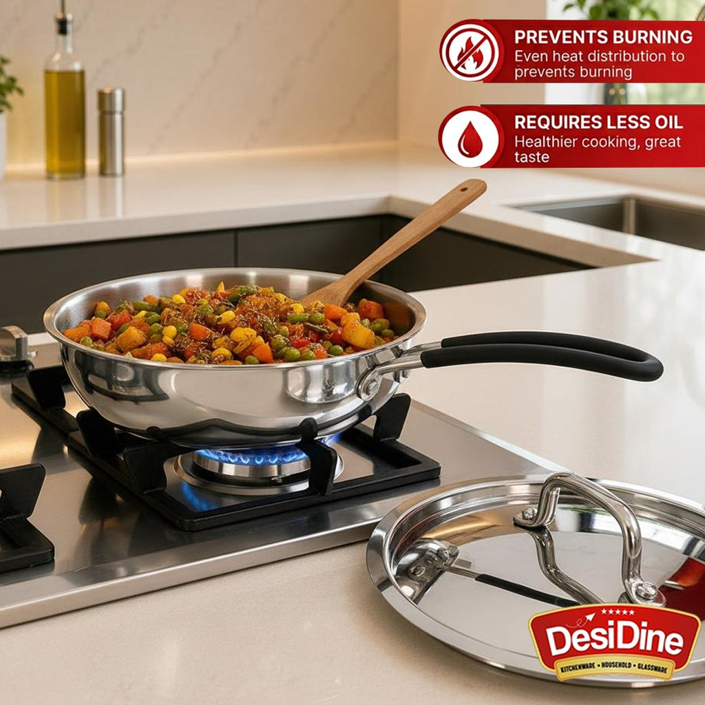 DesiDine Triply Stainless Steel Insulated Cool Grip Frypan With Steel Lid
