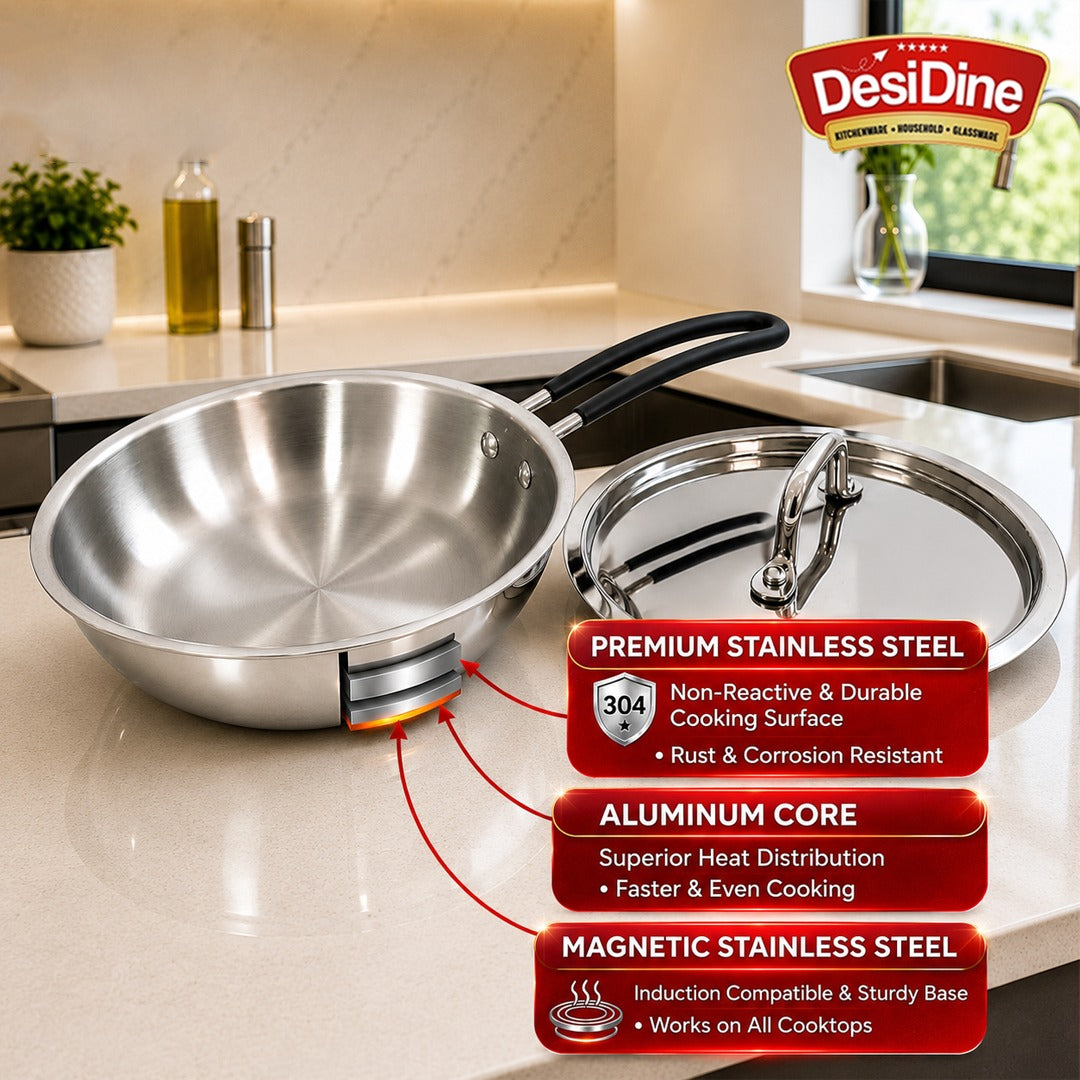 DesiDine Triply Stainless Steel Insulated Cool Grip Frypan With Steel Lid