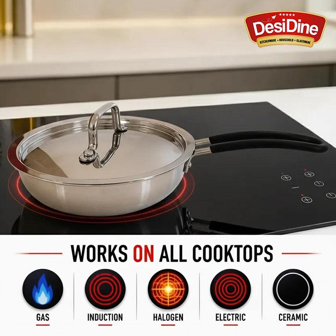 DesiDine Triply Stainless Steel Insulated Cool Grip Frypan With Steel Lid