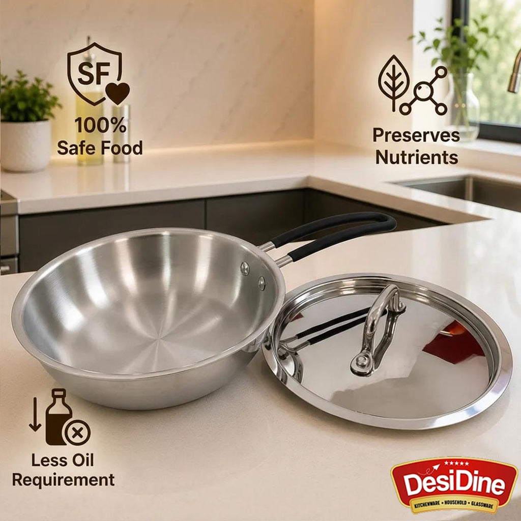 DesiDine Triply Stainless Steel Insulated Cool Grip Frypan With Steel Lid