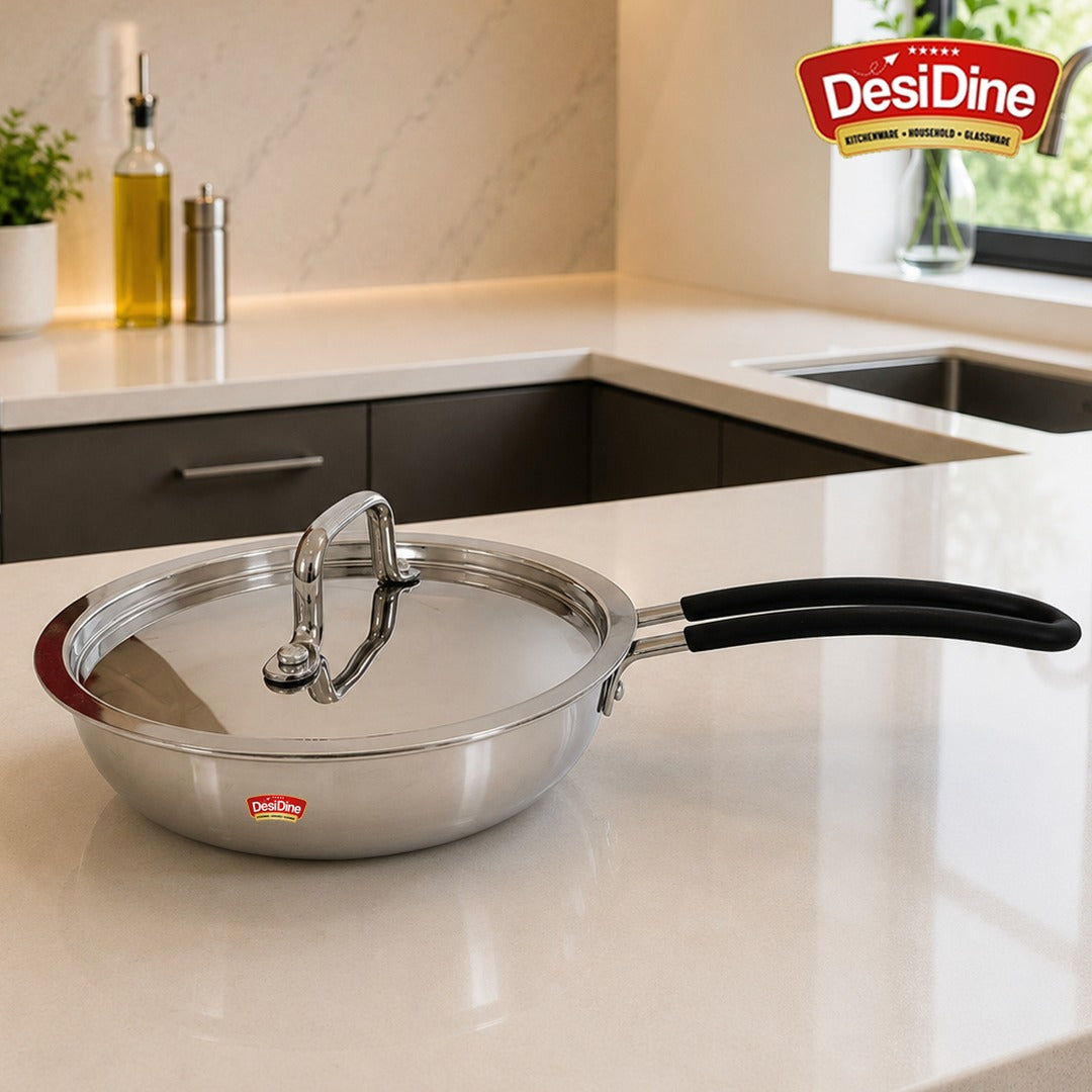 DesiDine Triply Stainless Steel Insulated Cool Grip Frypan With Steel Lid