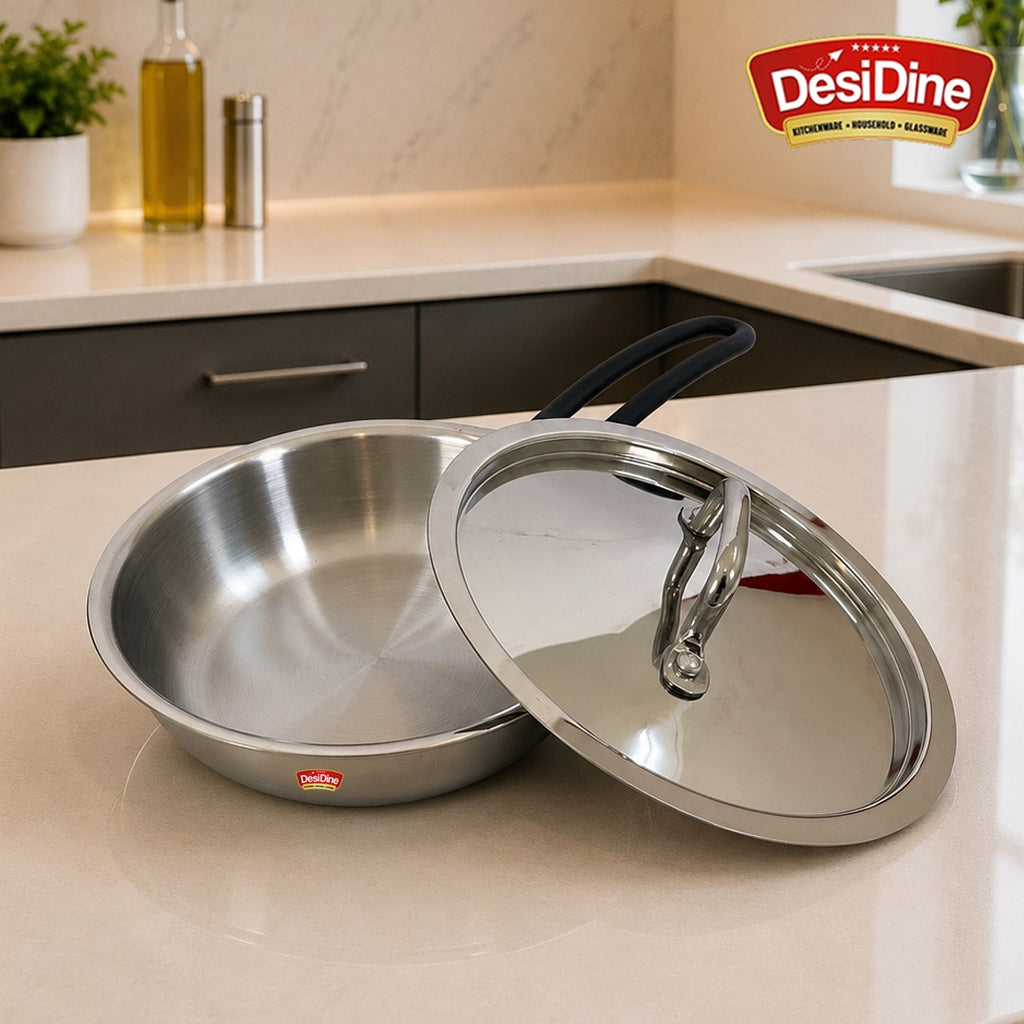 DesiDine Triply Stainless Steel Insulated Cool Grip Frypan With Steel Lid