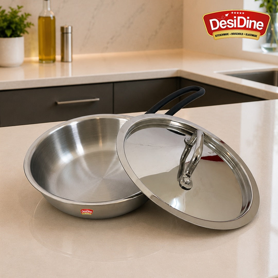 DesiDine Triply Stainless Steel Insulated Cool Grip Frypan With Steel Lid
