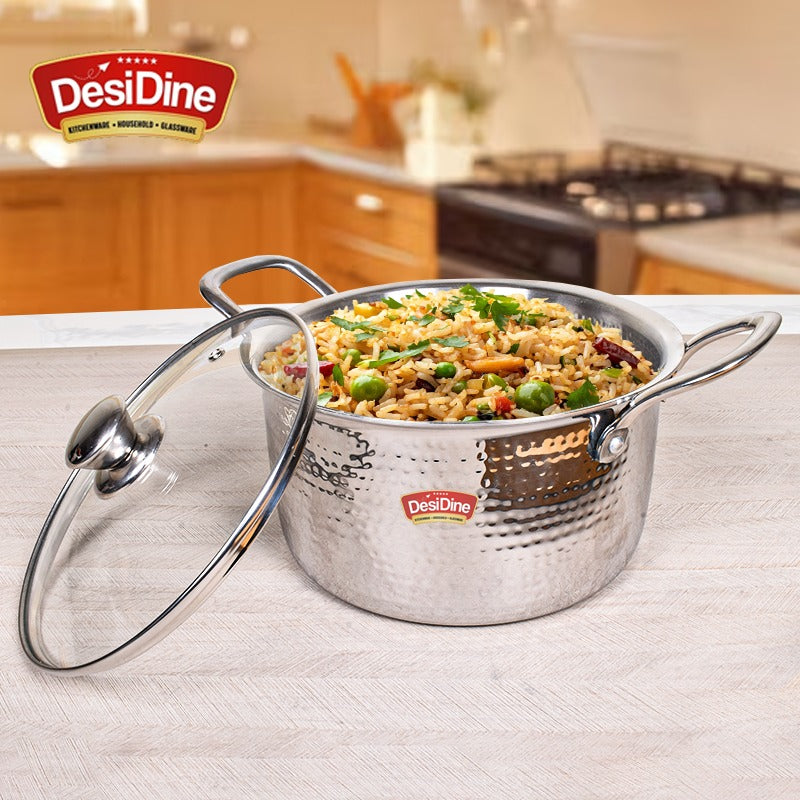 DesiDine Premium Quality Hammered Triply Steel Biryani/Sauce Pot With Glass Lid