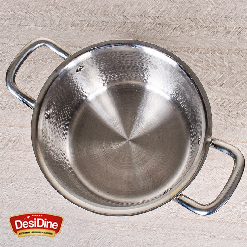 DesiDine Premium Quality Hammered Triply Steel Biryani/Sauce Pot With Glass Lid