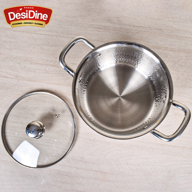 DesiDine Premium Quality Hammered Triply Steel Biryani/Sauce Pot With Glass Lid