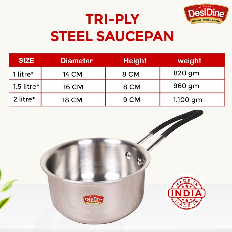 DesiDine Triply Stainless Steel Insulated Cool Grip Sauce Pan/Tea Pan