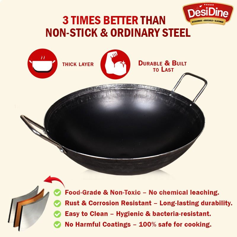 DesiDine 100% Pure Sheet Iron Deep Kadhai With SS Handle (28 cm, 3 Litre)