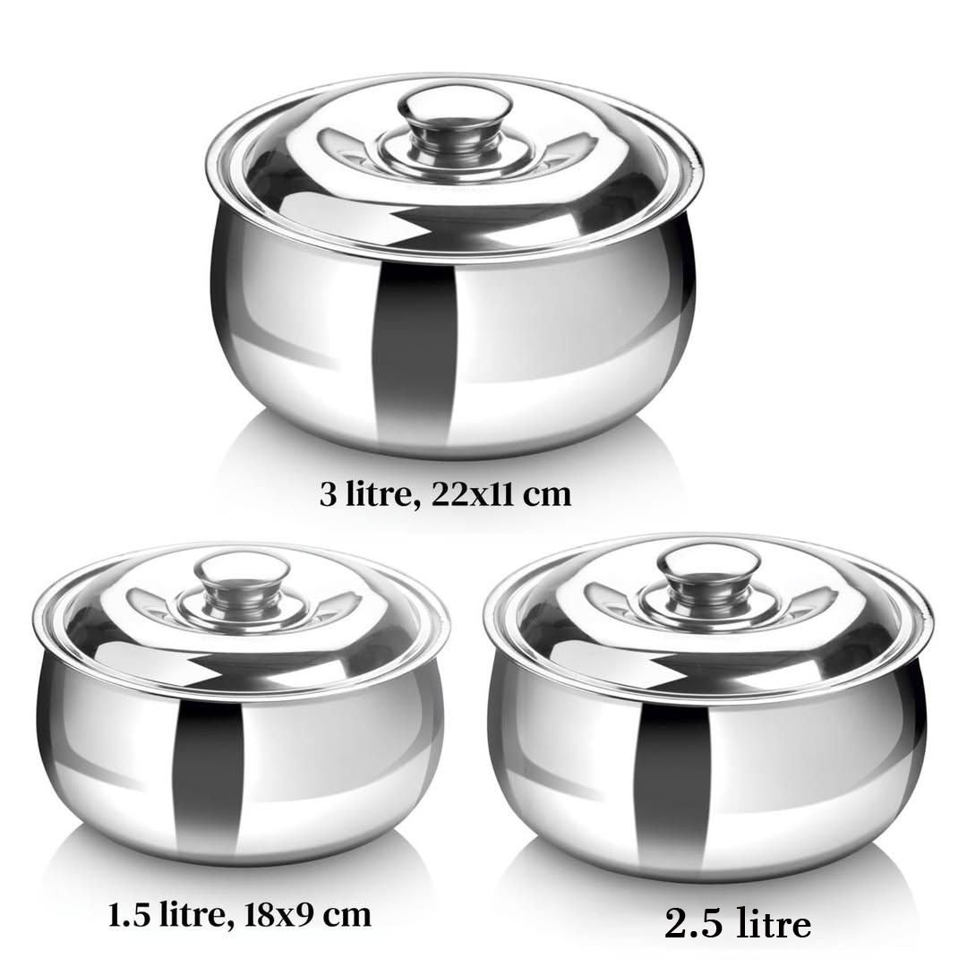 DesiDine Casserole Combo Set Of 3 Stainless Steel Double Wall Insulated Belly Shape