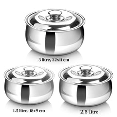 DesiDine Casserole Combo Set Of 3 Stainless Steel Double Wall Insulated Belly Shape