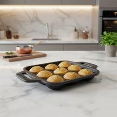 DesiDine 2 Pcs Cast Iron Combo (24 cm Frypan+ 9 Pit Paniyaram) With Silicon Handle Grip