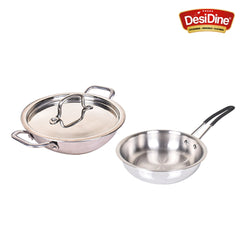 DesiDine 2 pcs Triply Combo (Triply 1.5 Ltr Insulated Cool Grip Frypan+26 cm Triply Kadhai)