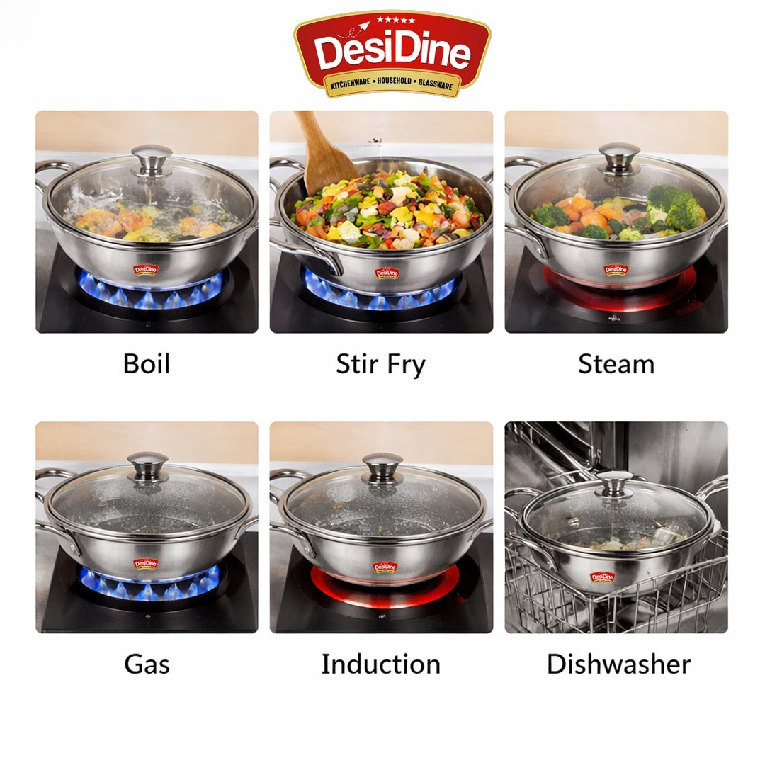 DesiDine Triply Stainless Steel Honeycomb Kadai with Glass Lid