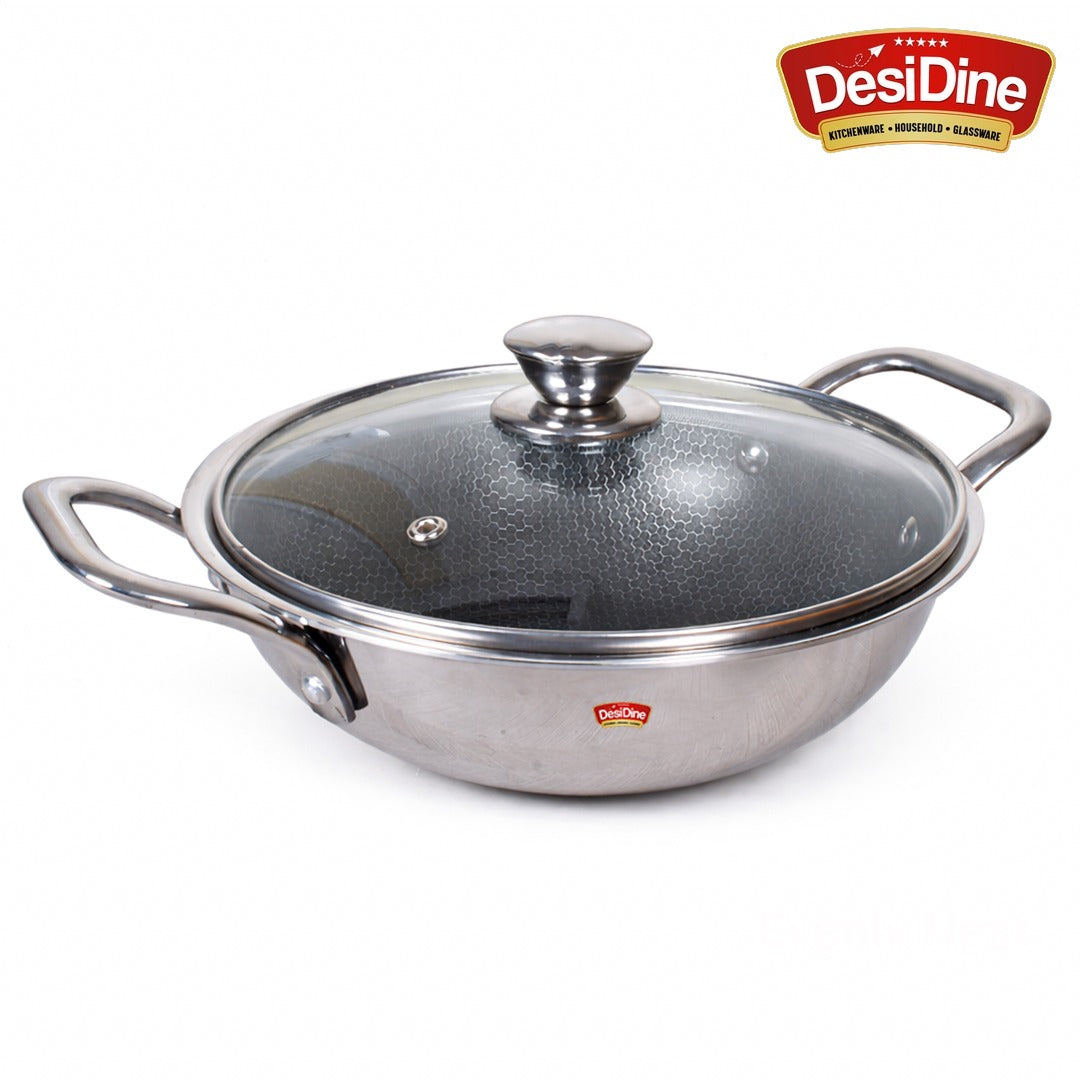 DesiDine Triply Stainless Steel Honeycomb Kadai with Glass Lid