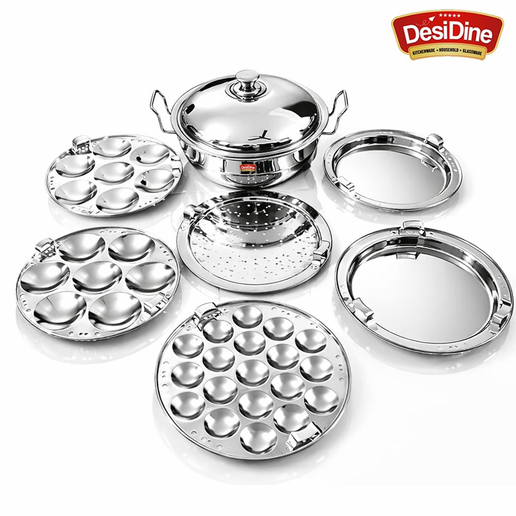 Stainless Steel Induction Base Multi Kadhai 5 Litre (28 cm, 6 Plates, 2 Idli, 2 Dhokla, 1 Mini Idli, 1 Patra) – Heavy Duty