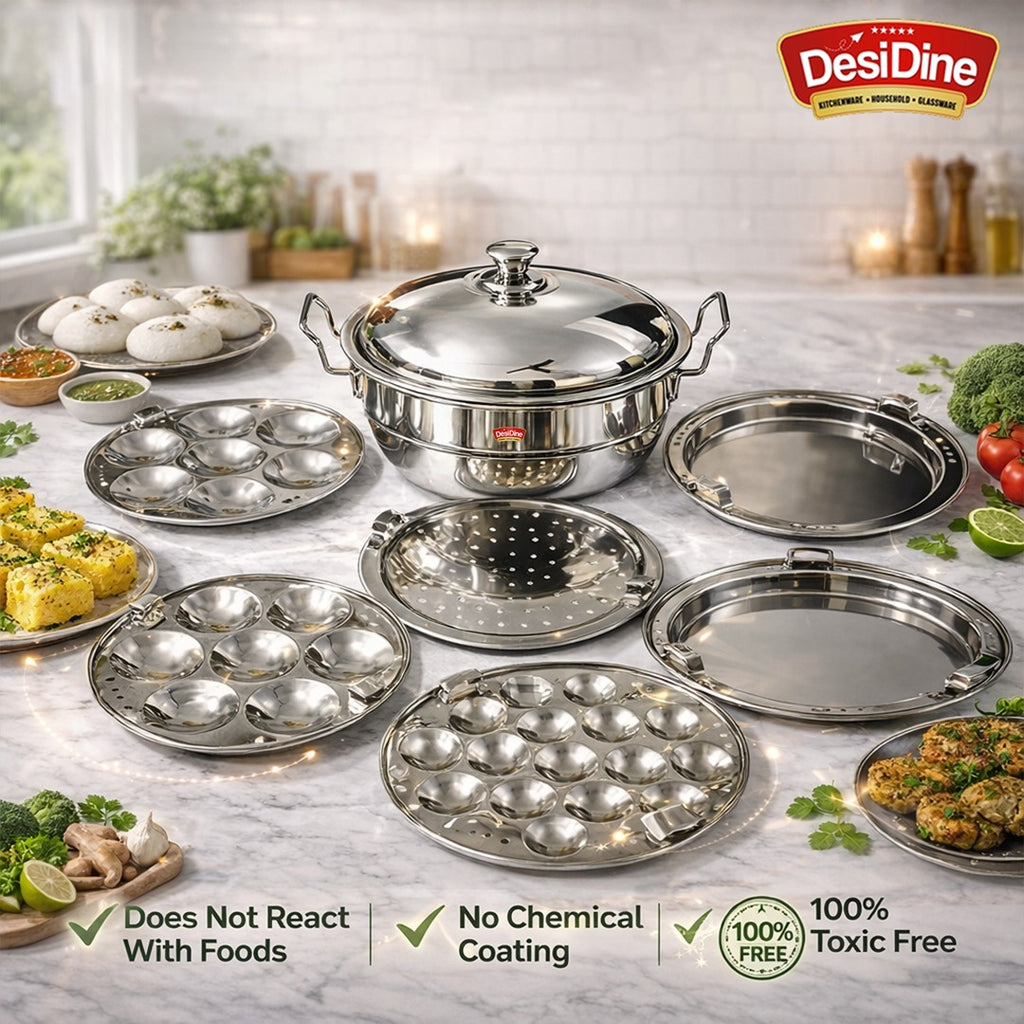 Stainless Steel Induction Base Multi Kadhai 5 Litre (28 cm, 6 Plates, 2 Idli, 2 Dhokla, 1 Mini Idli, 1 Patra) – Heavy Duty