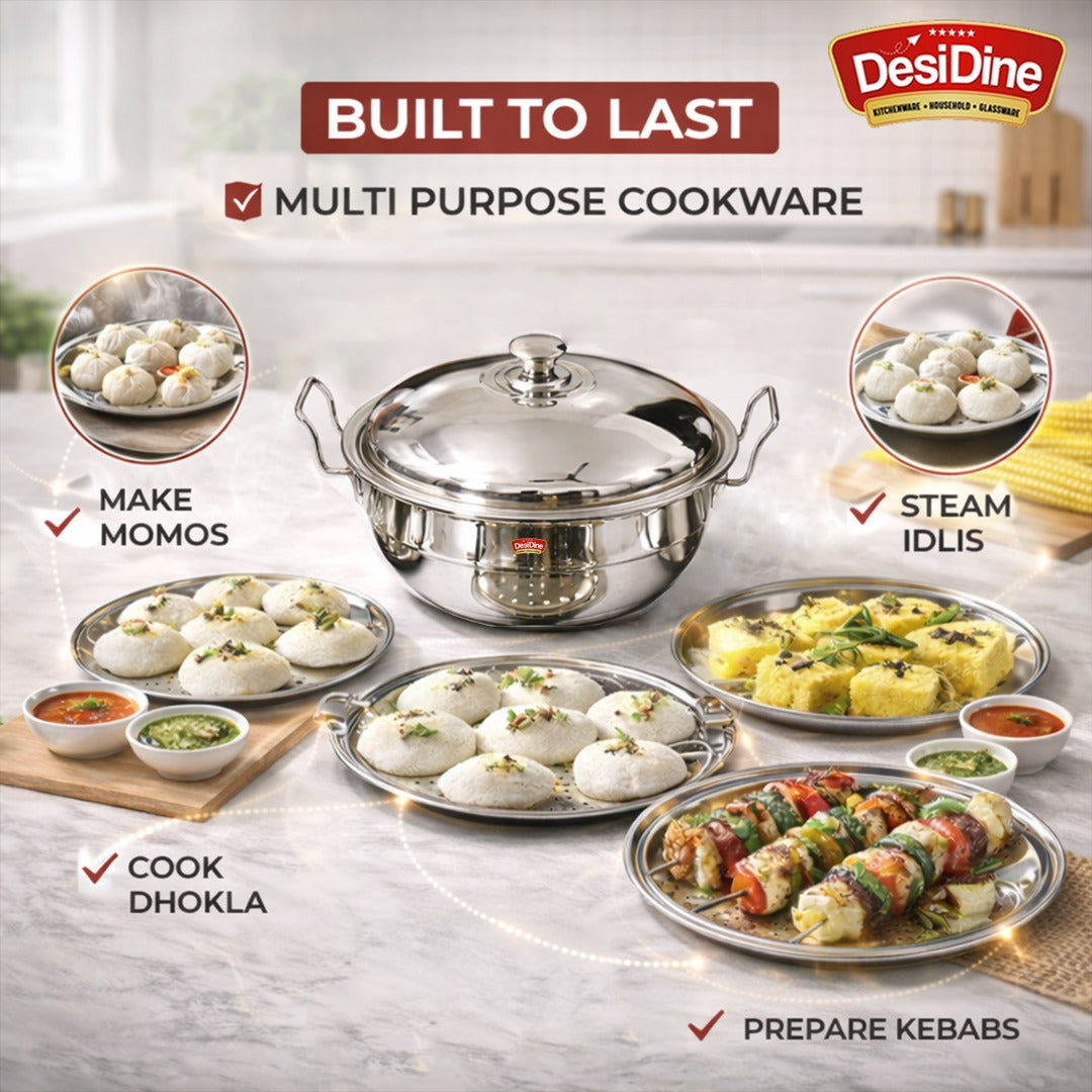 Stainless Steel Induction Base Multi Kadhai 5 Litre (28 cm, 6 Plates, 2 Idli, 2 Dhokla, 1 Mini Idli, 1 Patra) – Heavy Duty