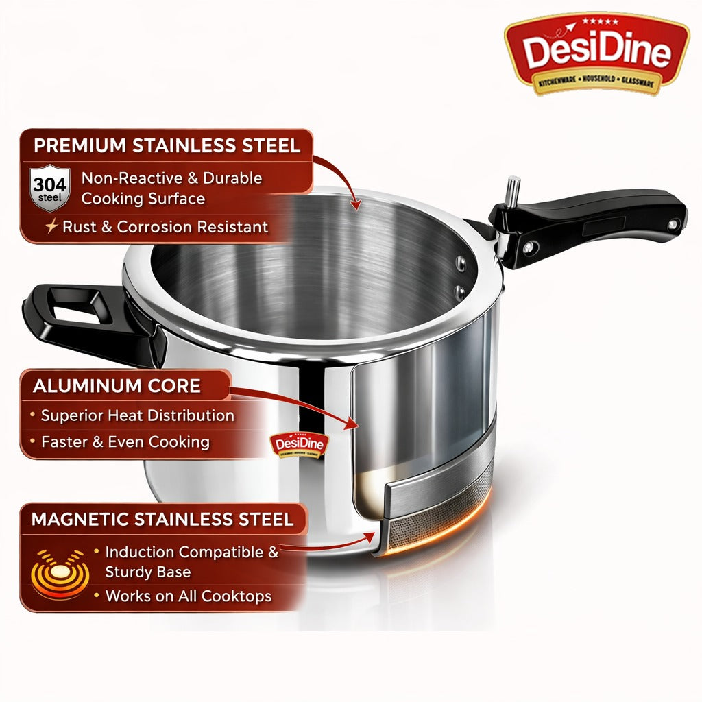 DesiDine Triply Stainless Steel Inner Lid Pressure Cooker