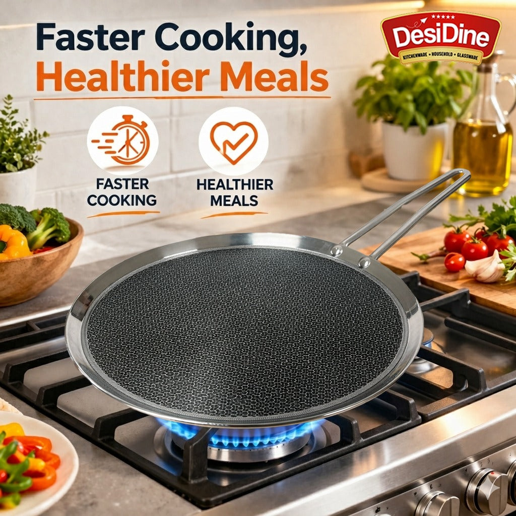 DesiDine Triply Stainless Steel Dosa Tawa with Honeycomb Pattern
