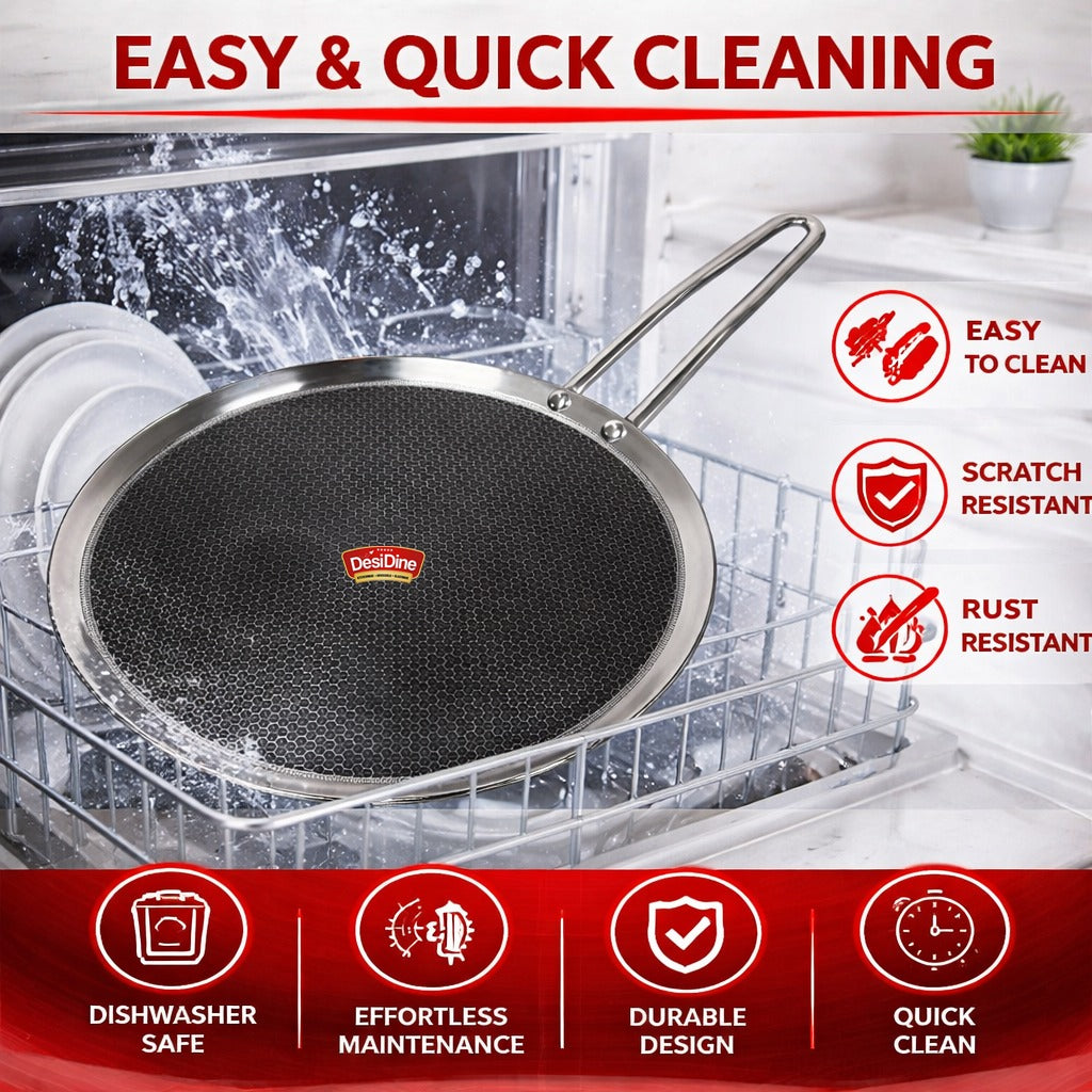 DesiDine Triply Stainless Steel Dosa Tawa with Honeycomb Pattern