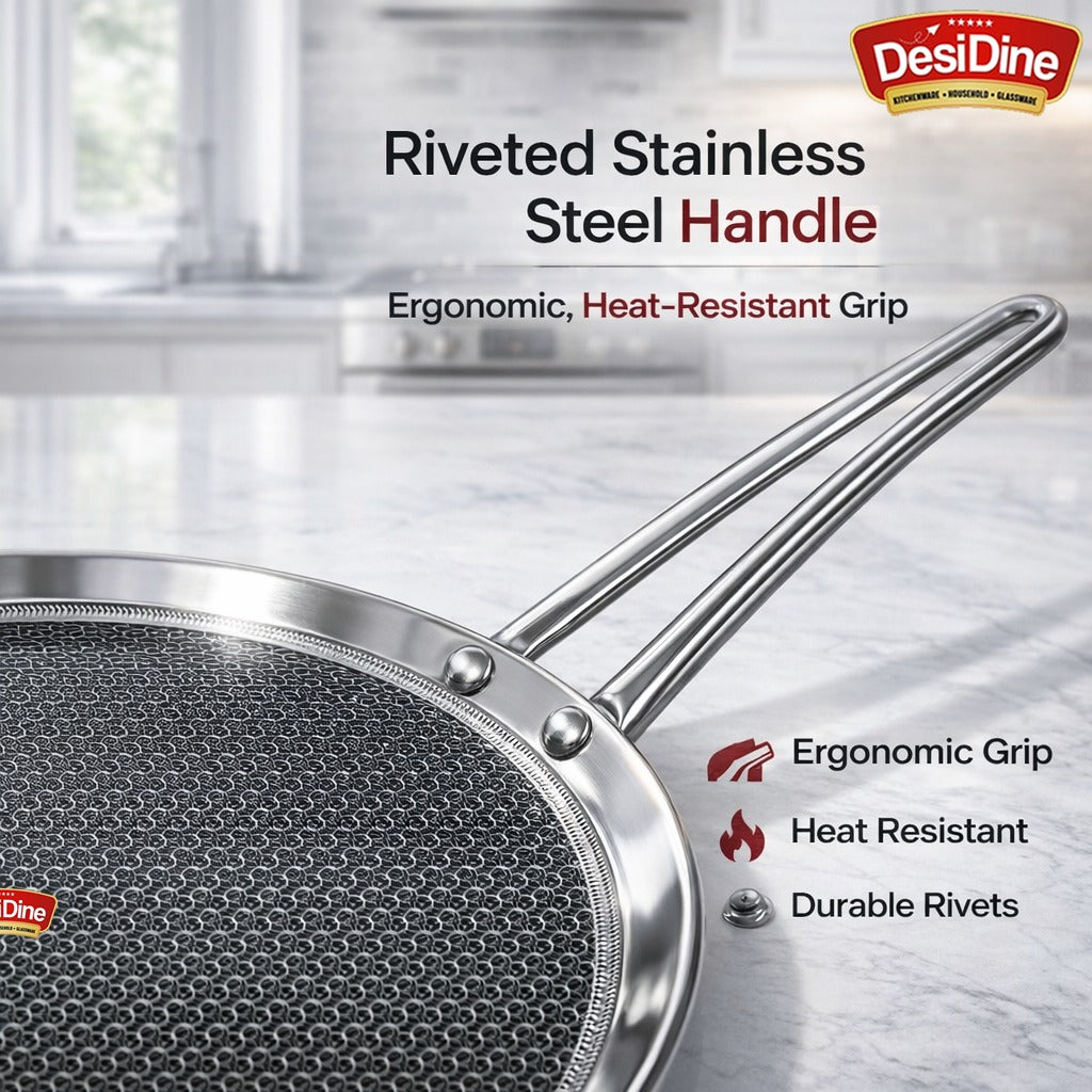 DesiDine Triply Stainless Steel Dosa Tawa with Honeycomb Pattern