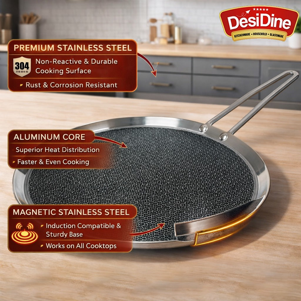 DesiDine Triply Stainless Steel Dosa Tawa with Honeycomb Pattern
